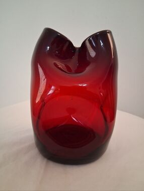 Vintage Mid Century Bischoff Ruby Red Pinched Glass Vase